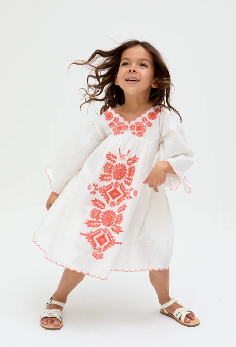 Girls' White V-Neck Embroidered Dress